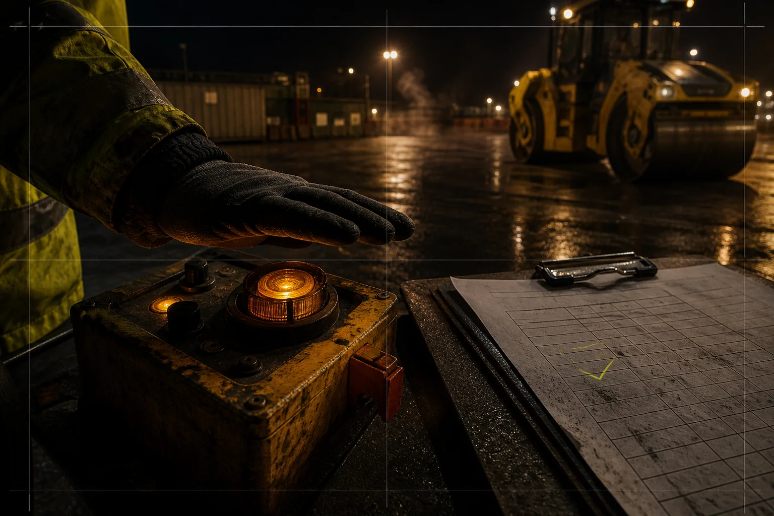A gloved operator pauses above an amber control beside a checked work sheet