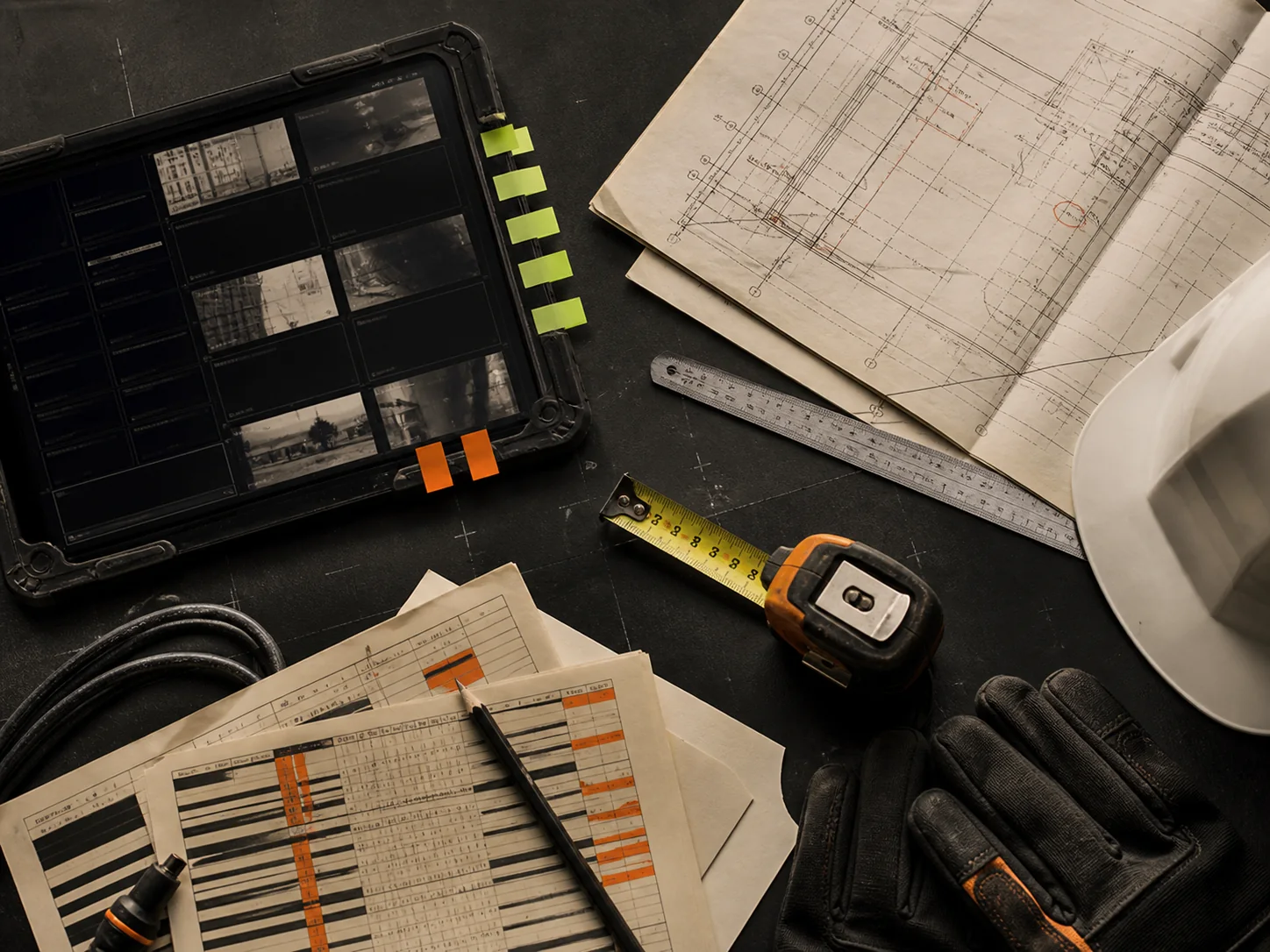 An operator workbench with plans, evidence sheets, a tablet and measuring tools