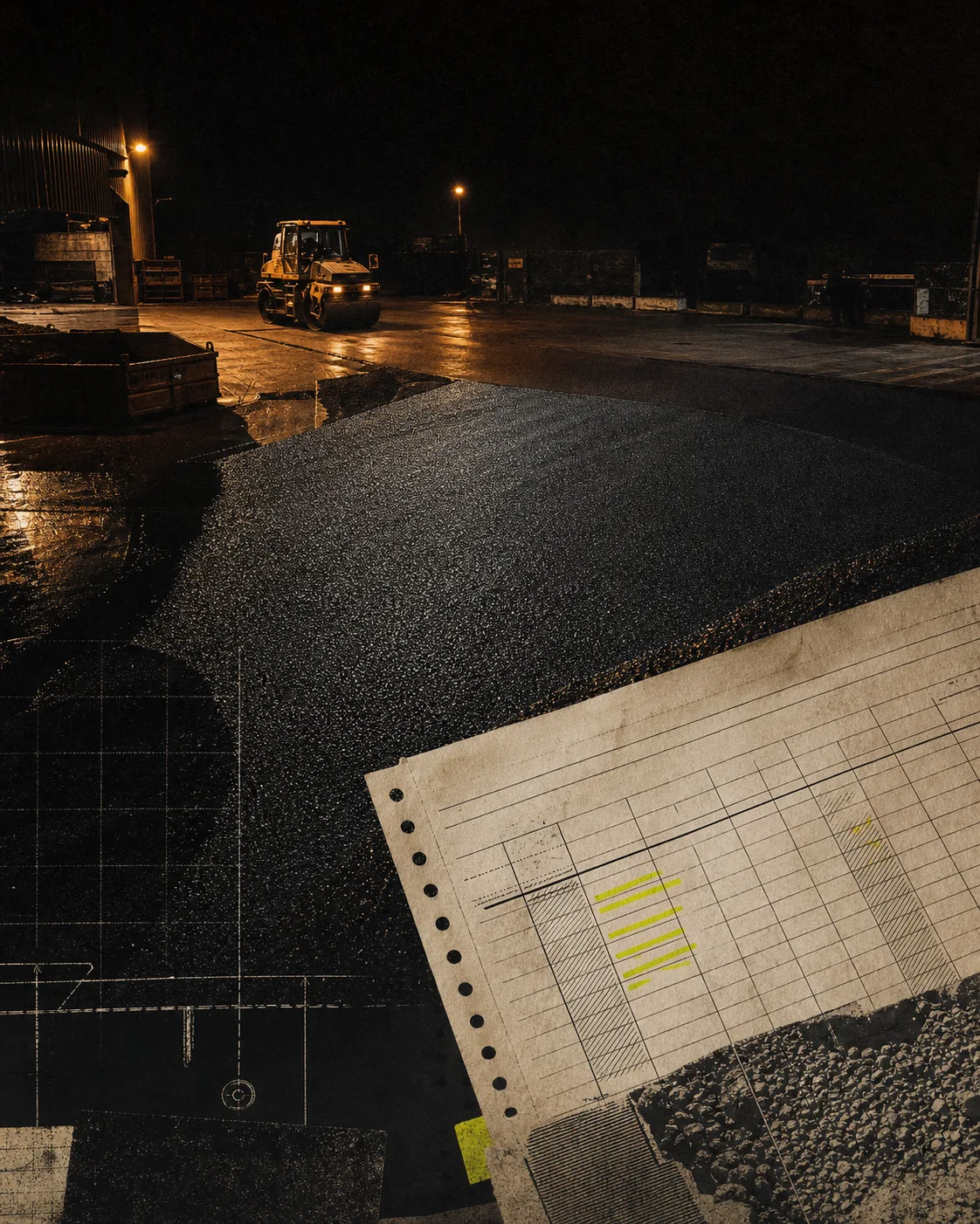 A resurfacing yard at night overlaid with a measured job ledger