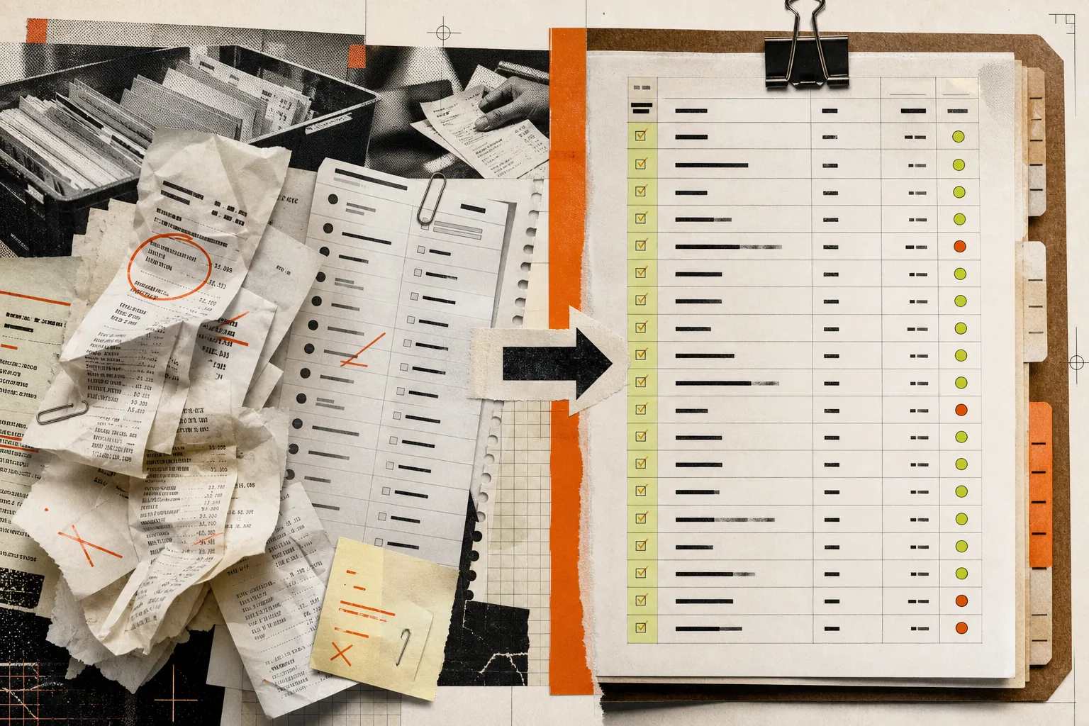 A tactile collage showing messy receipt evidence becoming a checked ledger